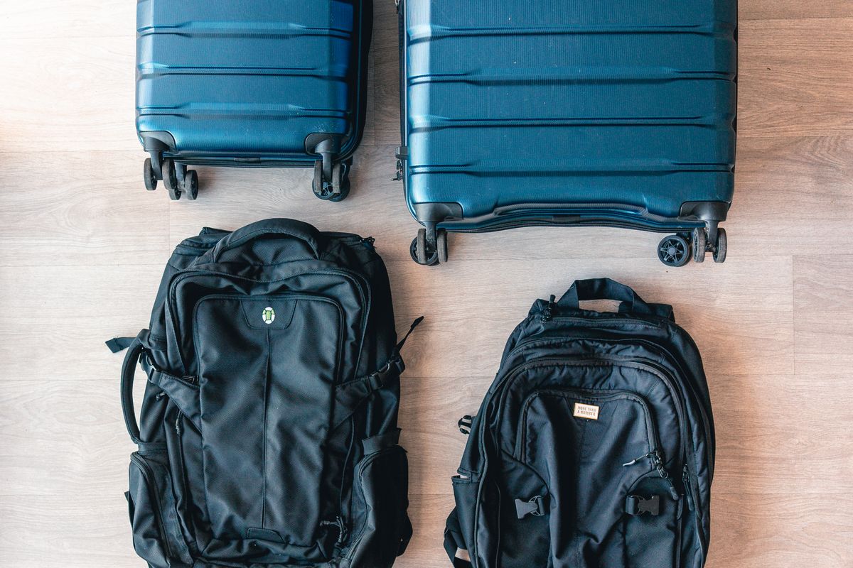 Flat lay of luggage and bags laid out for a day trip